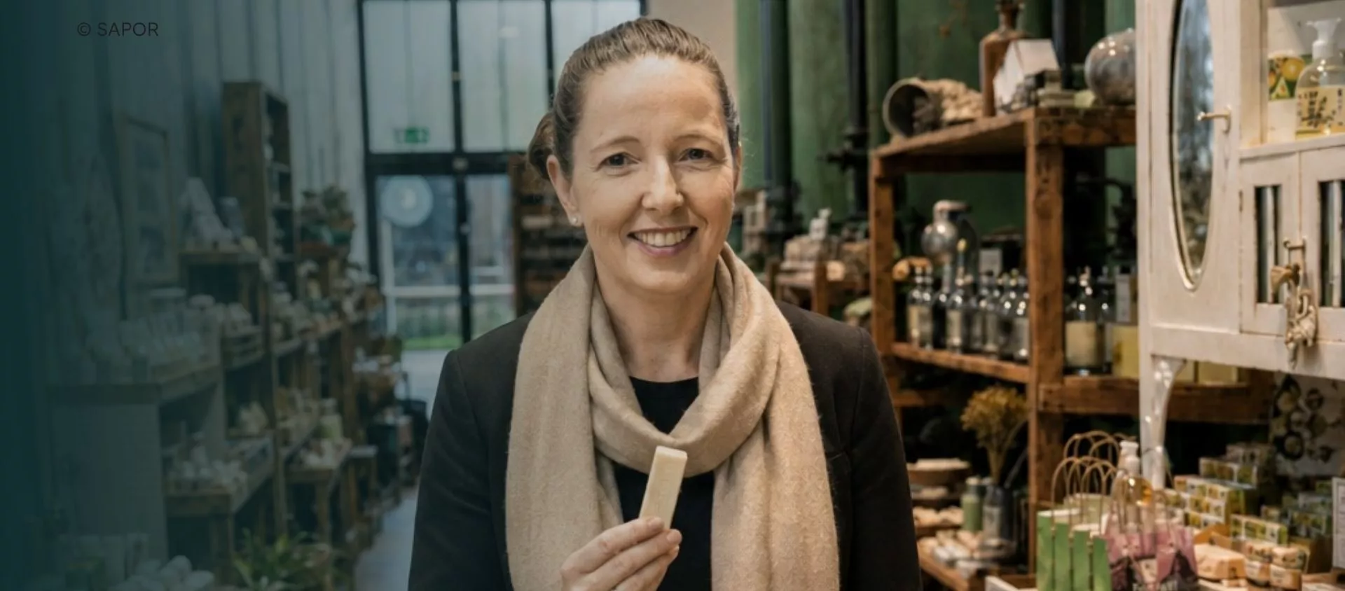 Constanze Schweizer hält eine feste SAPOR Seife im SAPOR Laden auf Zollverein